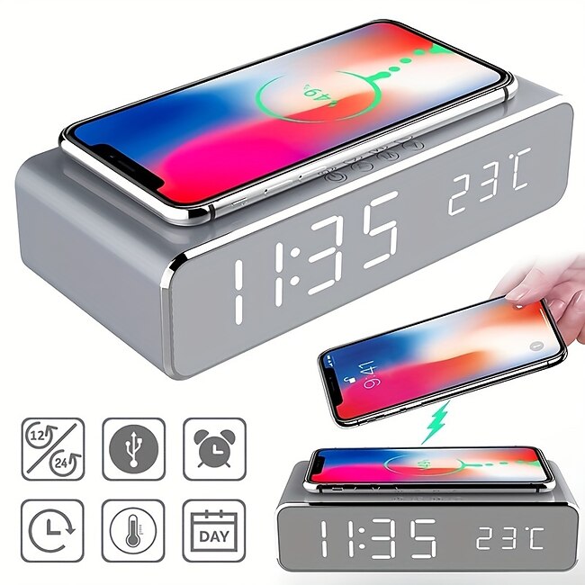 Psl Discount Village Wireless Charger Time Alarm Clock LED Digital Thermometer Earphone Phone Chargers Fast Charging Dock Station For IPhone 15 14 13 12 Samsung #9735450
