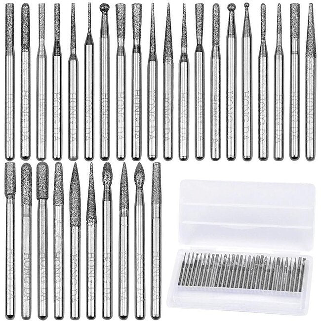 30Pcs Diamond Grinding Burr Needle Point Engraving Carving Polishing For Glass Jade Stone 3mm Drill Bit Rotary Tool Set #9604941