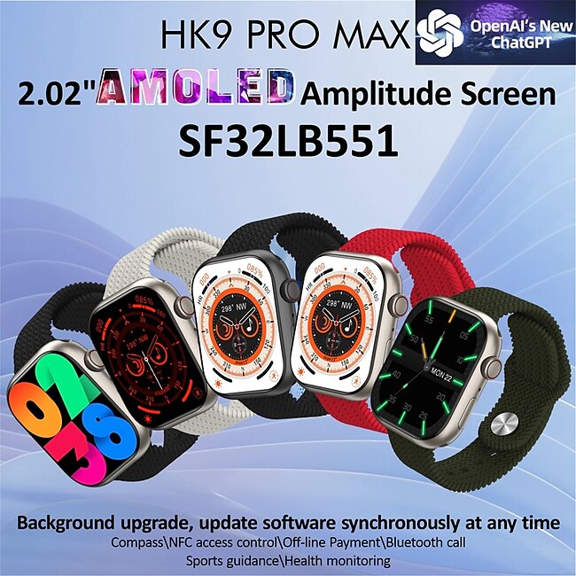 HK9 PRO MAX Smart Watch 2.02 inch Smartwatch Fitness Running Watch Bluetooth Pedometer Call Reminder Fitness Tracker Compatible with Android iOS Women Men Long Standby Hands-Free Calls Message #9707471