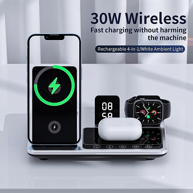 Psl Discount Village Wireless Charger 30W Output Power Wireless Charging Station Foldable Charging Station CE Certified Fast Wireless Charging MagSafe 4 in 1 For Compatible with any wireless charging enabled devices #9717556