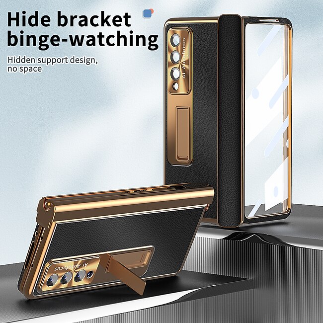 Psl Discount Village Phone Case Plating Leather Case For Samsung Galaxy Z Fold 6 Z Fold 5 Z Fold 4 Fold 3 Magnetic Kickstand with Pencil Holder(without Pen) Carbon Fibe Screen Protector Phone C Bumper Frame PC PU Leather #9418638