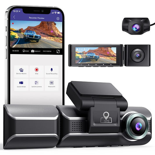 AZDOME M550 3 Channel Dash Cam, Front Inside Rear Three Way Car Dash Camera, 4K+1080P Dual Channel With GPS WiFi IR Night Vision #9575445