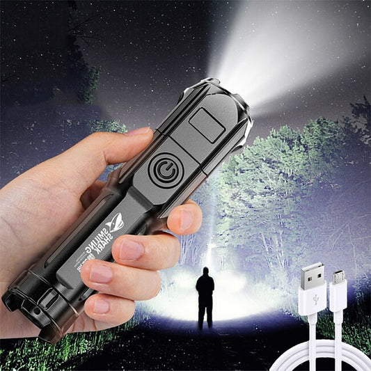 Super Bright ABS Strong Light Focusing Led Flashlight Outdoor Portable Home Built-in Battery Rechargeable Multi-function Torch #9447587