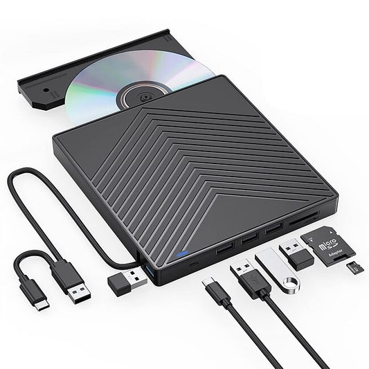 External CD DVD Drive 7 in 1 Ultra Slim CD Burner USB 3.0 with 4 USB Ports and 2 TF/SD Card Slots Optical Disk Drive for Laptop Mac PC Windows 11/10/8/7 Linux OS #9404670
