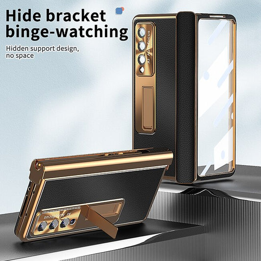 Psl Discount Village Phone Case Plating Leather Case For Samsung Galaxy Z Fold 6 Z Fold 5 Z Fold 4 Fold 3 Magnetic Kickstand with Pencil Holder(without Pen) Carbon Fibe Screen Protector Phone C Bumper Frame PC PU Leather #9418638